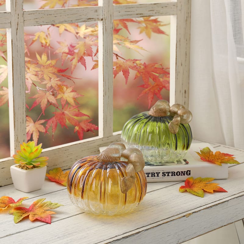 Glitzhome 6"D Green Amber Crackle Hand Blown Glass Pumpkins for Fall Harvest Halloween