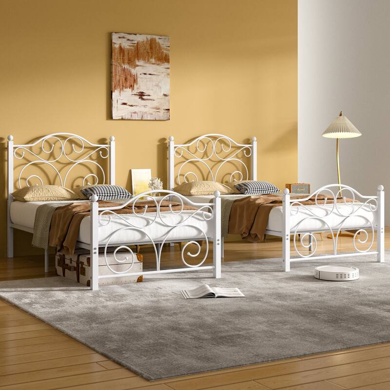Javlergo 2-Pack Twin Size Victorian Metal Bed Frame for Kids with Headboard & Footboard No Box Spring Needed