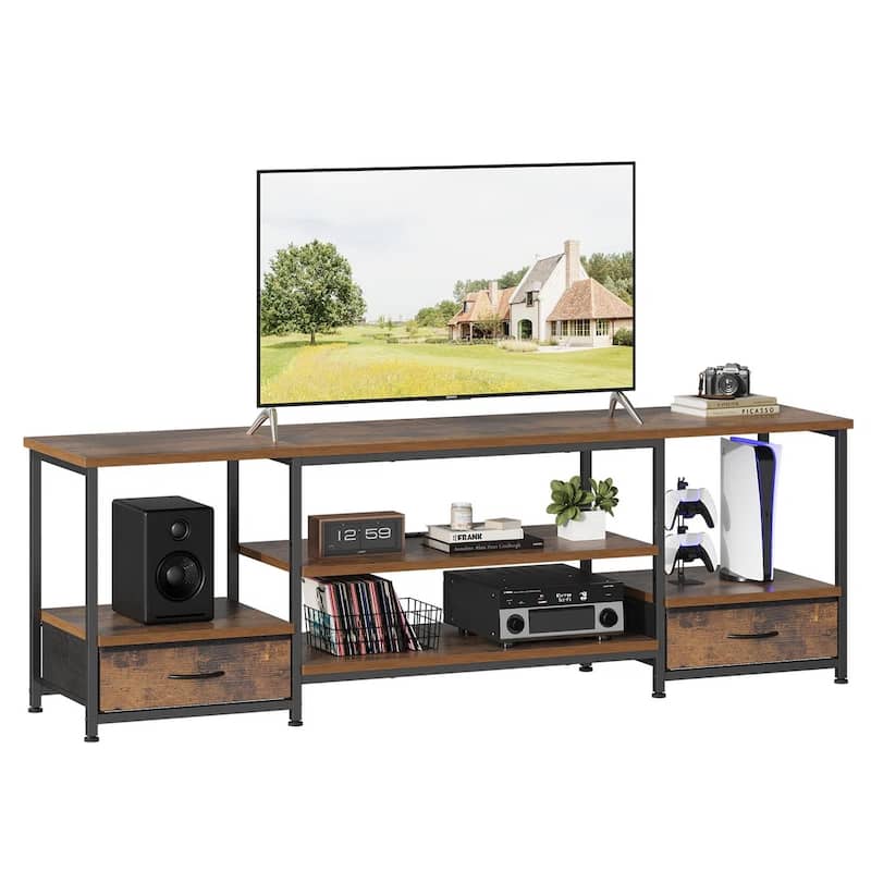 TV Stand with Fabric Drawers, TV - Entertainment Center and Industrial TV Console Table with Open Storage Shelves - Brown - 63 Inch