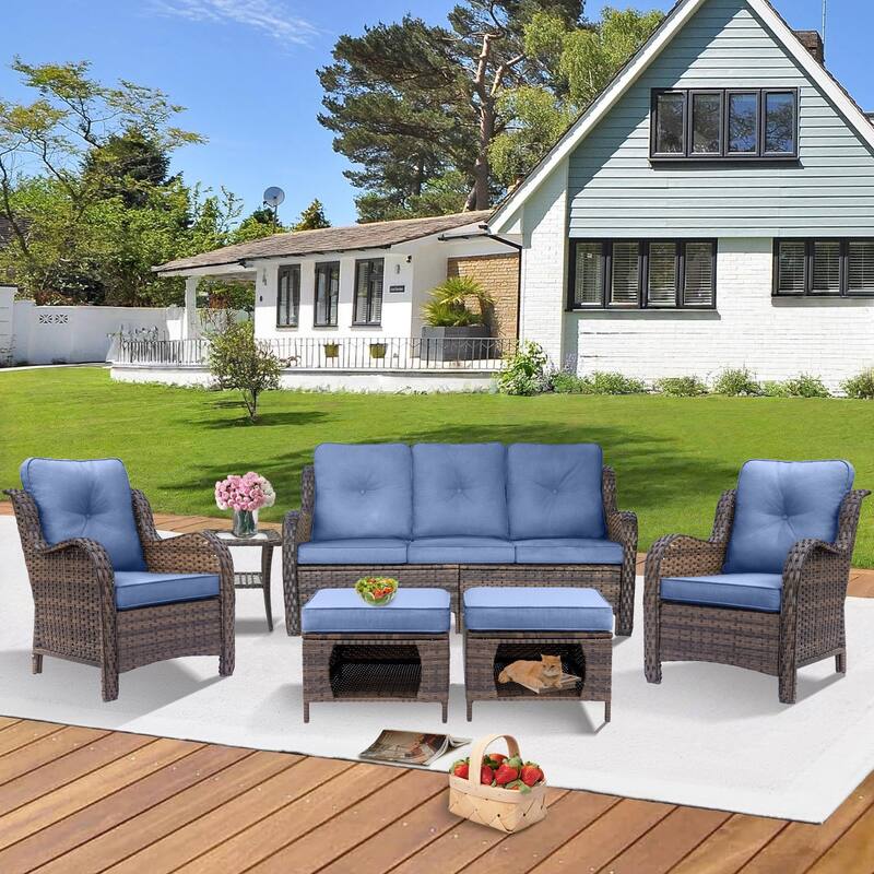 Brown Wicker Outdoor Patio Furniture Sofa Set with Denim Blue Cushions