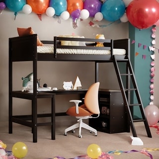 Twin Size Wooden Loft Bed With Shelves and Desk for Home