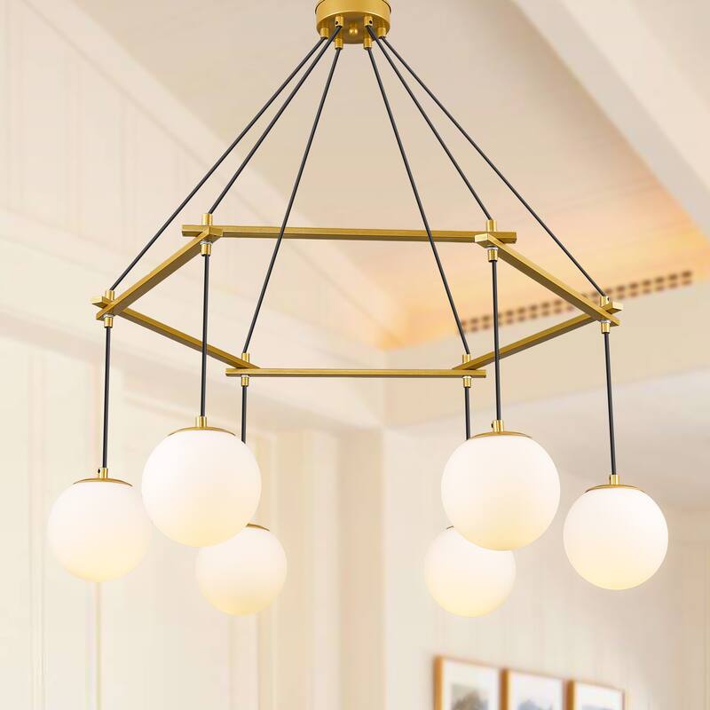 6-Light Black Wagon Wheel Chandelier, Hexagonal Dining Room Pendant Light with White Glass Shade - Gold