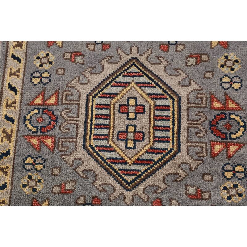 Hand Knotted Oriental 100% Wool Carpet Traditional Geometric Greys & Charcoal Heriz (serapi) Runner Rug - 7' 8'' X 2' 7''