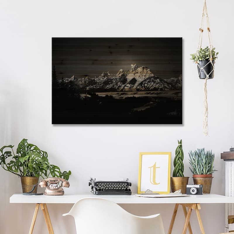 Full Moon Sets In The Teton Mountain Range Print On Wood by Raymond Salani III - Multi-Color
