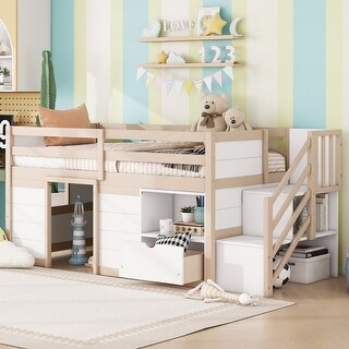 Twin Size Low Loft Bed with Stair, Drawer and Shelf