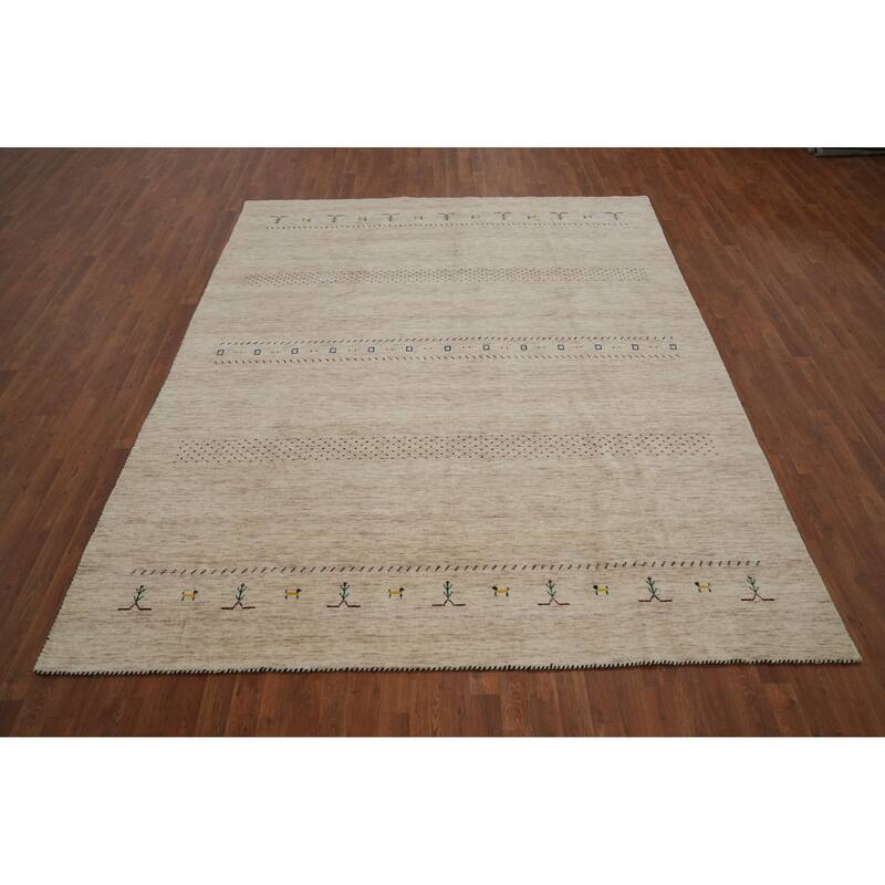 Hand Knotted Oriental 100% Wool Carpet Tribal Animal Pictorial Beige & Ivories Gabbeh Area Rug - 9' 11'' X 7' 11''