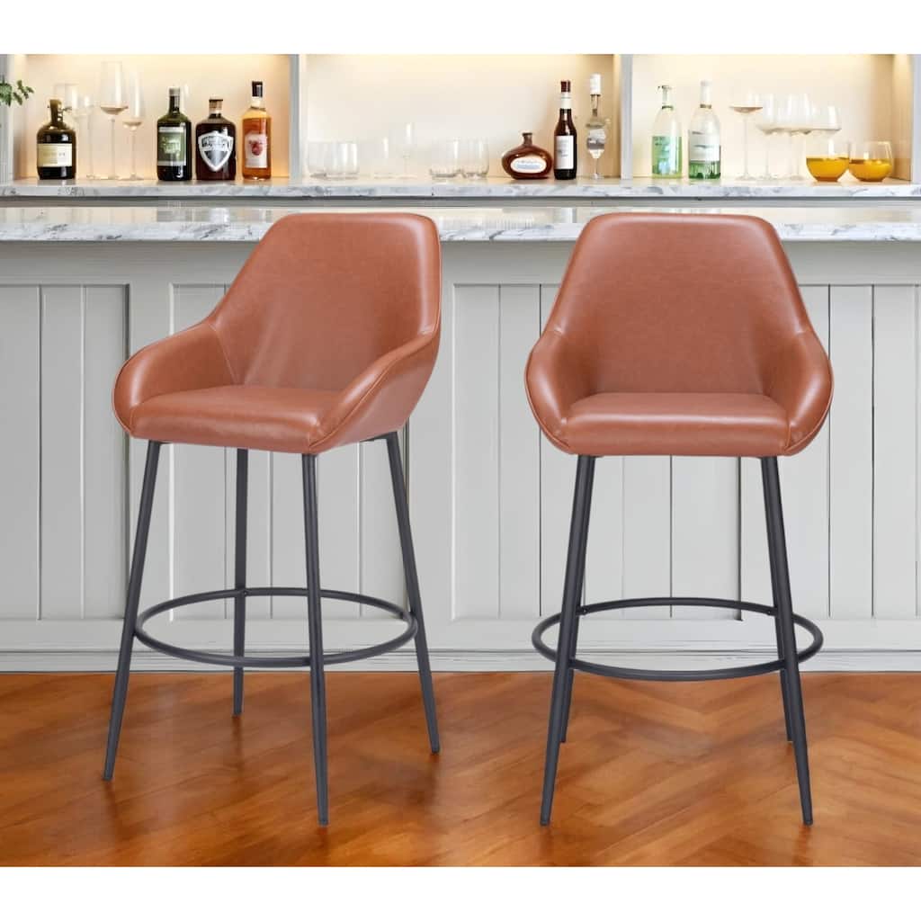 Set of Two 30" Brown And Black Faux Leather And Steel Bar Height Bar Chairs