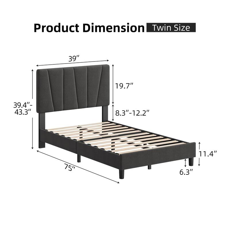 Linen Upholstered Platform Bed Frame with Strong Wooden Slats