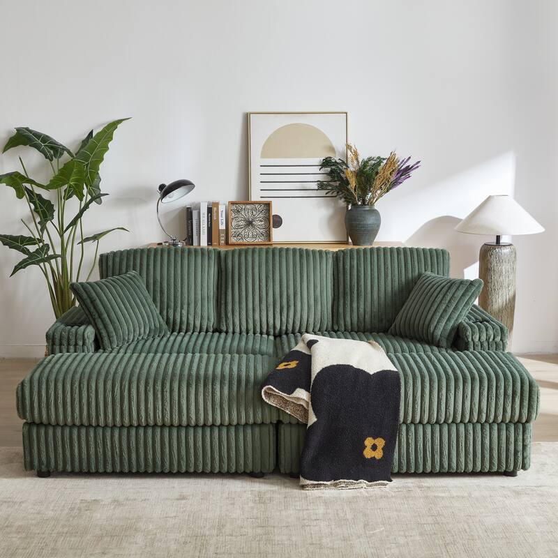 Anmytek 84 Inch Corduroy 3-Seater Comfy Deep Seat Sofa for Living Room with Storage Cup Holders Ottomans and Pillows