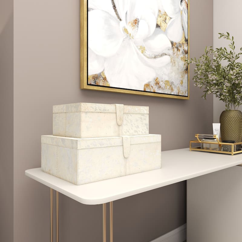 Gray, Silver or Gold Leather Handmade Cowhide Storage Box with Silver Foil Accents (Set of 2)