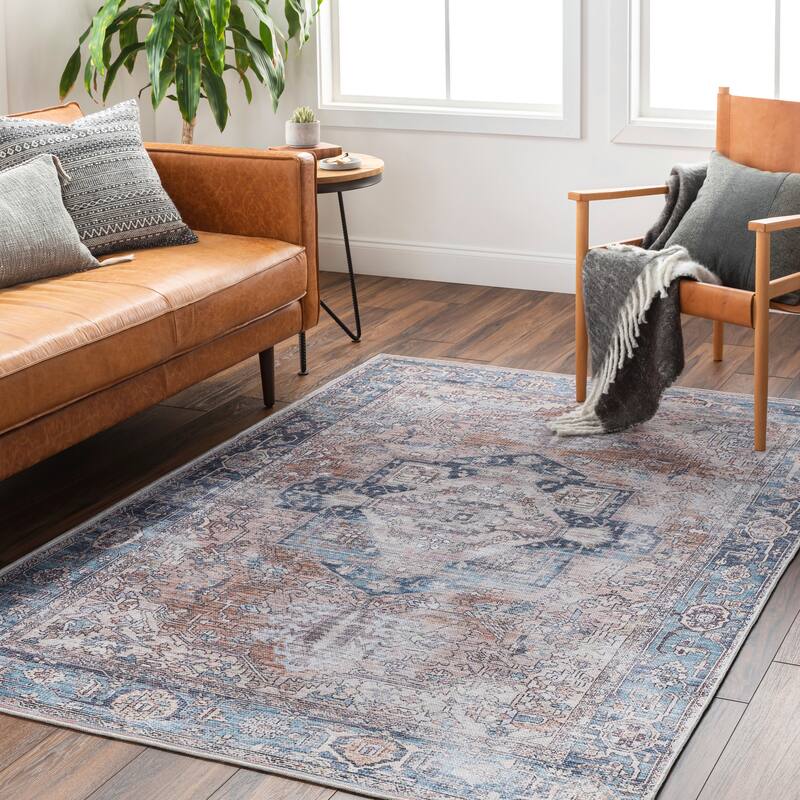 Livabliss Lin Faded Traditional Washable Area Rug - Brown/Blue - 2' 7" x 12'
