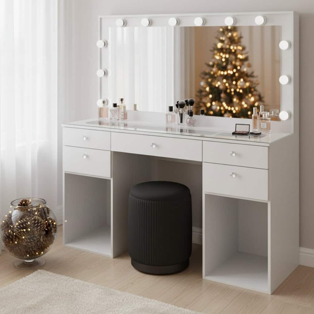 Boahaus Makeup Vanity Desk Glass Top Lighted Crystal Knobs