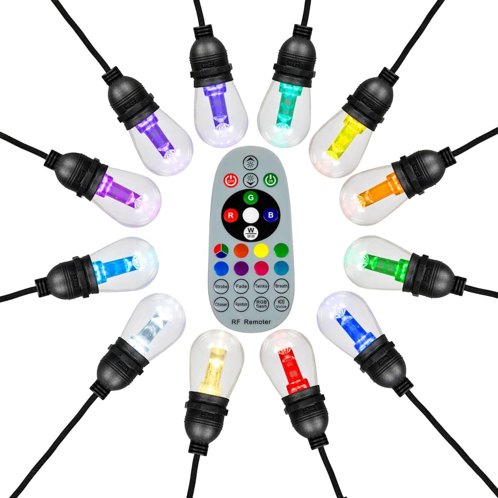 48FT S14 RGB+WW LED Color Changing Christmas String Light Set, Black Wire - BLACK WIRE