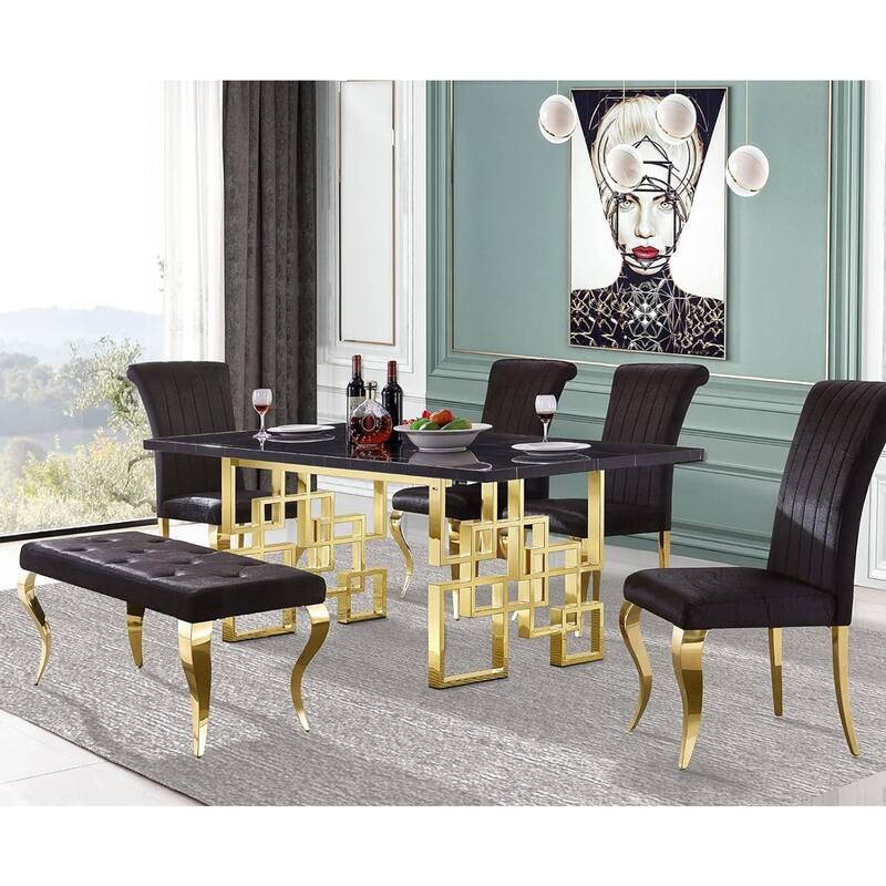 Luxury Velvet Bench Button Tufted Upholstered Dining Bench with Polished Metal Legs