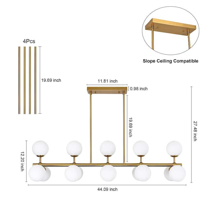 44in W Linear Mid Century Modern Chandelier 15 Light Gold Brass Sputnik Pendant Light with Frosted Glass Globe for Dining Room
