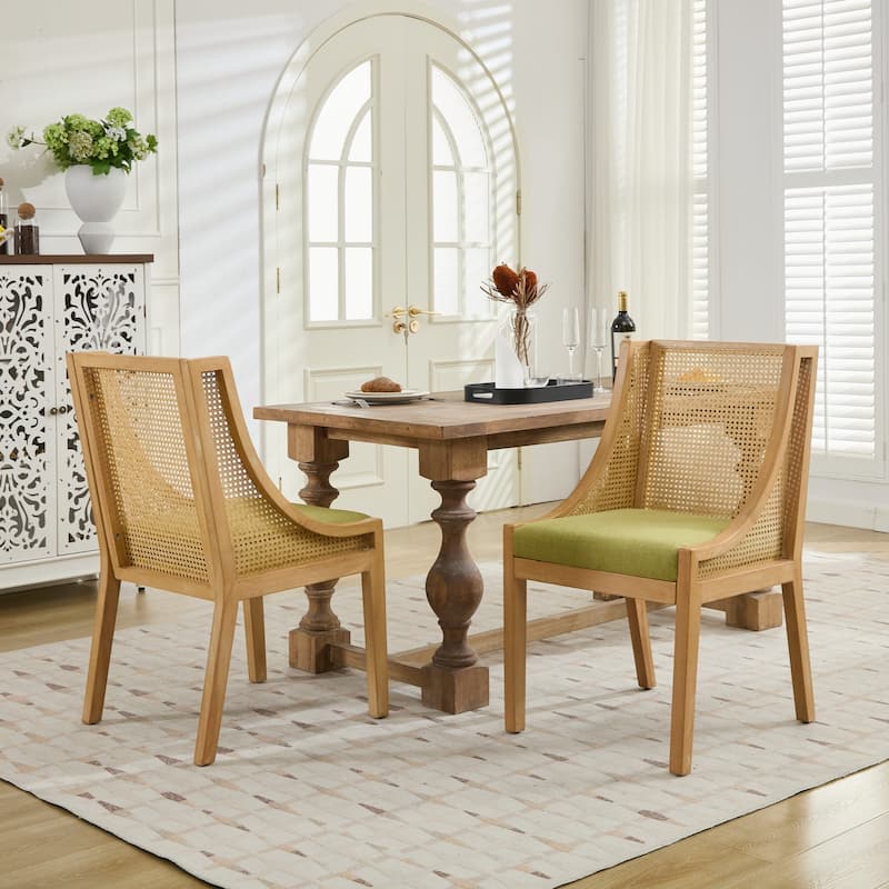 Rattan Dining Chairs, Solid Wood Frame with Decorative Armrests, Linen Upholstered Seat, Wooden Style Side Chairs,Single Pack