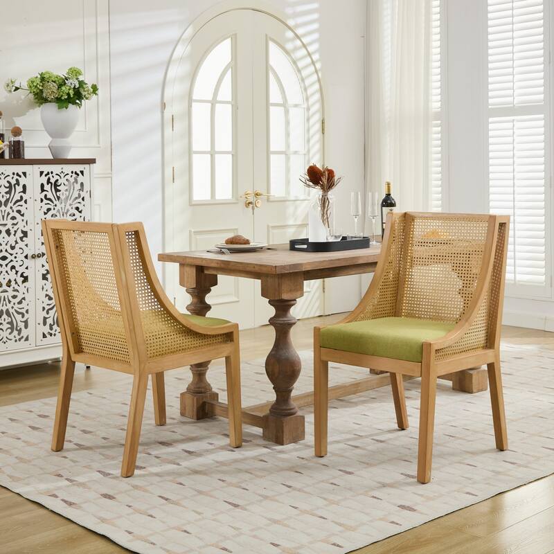 Rattan Dining Chairs, Solid Wood Frame with Decorative Armrests, Upholstered Seat, Rustic Wooden Style Side Chairs,Single Pack