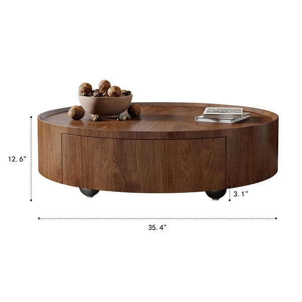 dimension image slide 0 of 4, Mid-Century Modern Round Walnut Wood Coffee Table for Small Spaces & Apartments