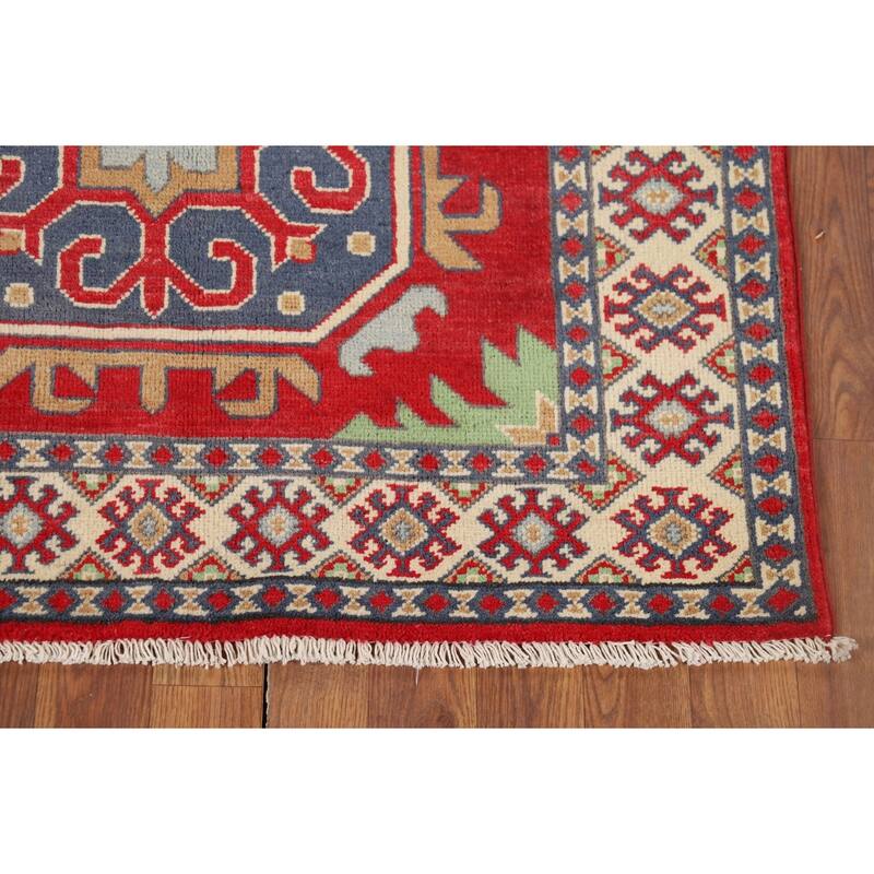 Geometric Red Kazak Oriental Runner Rug Hand-Knotted Wool Carpet - 3'4" x 6'7"