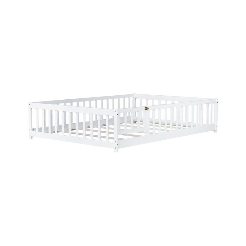 Full Size Floor Bed with Fence and Door,Rubber Wood Floor Bed with Safety Guardrails