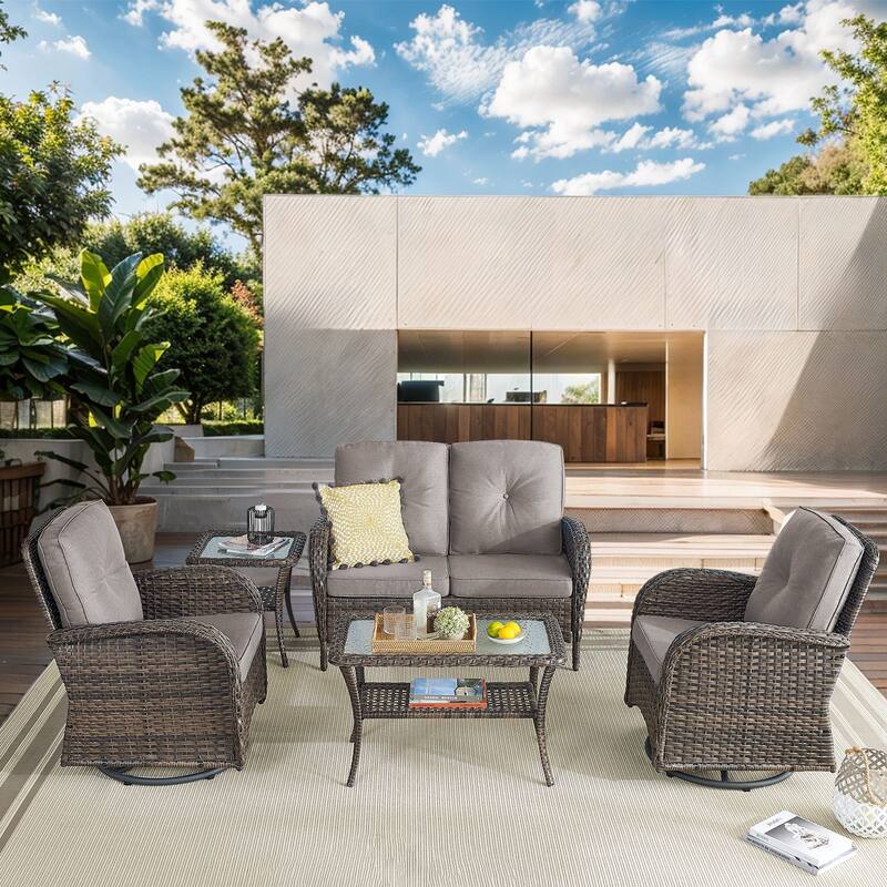 Pocassy Outdoor Loveseat Sofa with Table Funiture Set - Brown Wicker Grey Cushion - 5PCS Loveseat Sofa with Swivel Chairs Table
