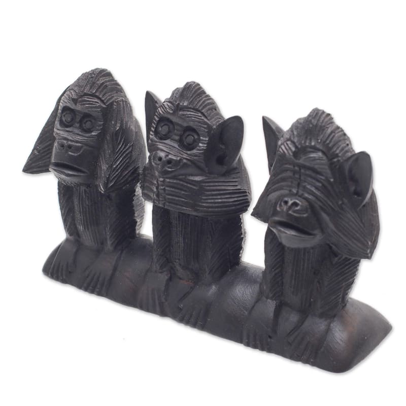 Novica Handmade Wise Monkey Trio Wood Sculpture