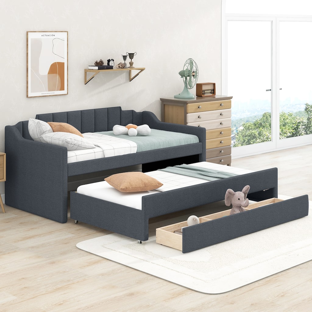 Twin Size Daybed w/Trundle & 3 Drawers, Linen Upholstered Day Bed Frame with Tufted Backrest & Armrest, Solid Wood Slats Support