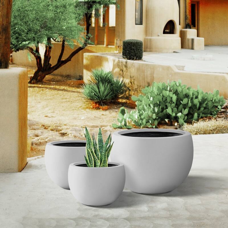 Plantara 20", 16", & 13" D Round Solid White Concrete Planter pot (Set of 3), Outdoor Planter , Modern Flower pot for Home