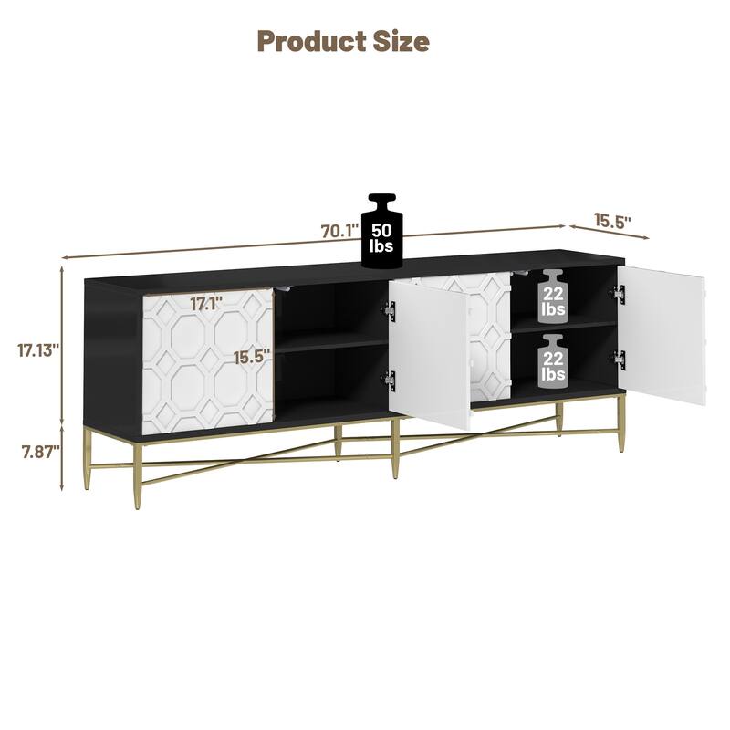 Modern TV Stand with Four Doors, Media Storage Console with Adjustable Foot Pegs, Entertainment Center with Metal Legs