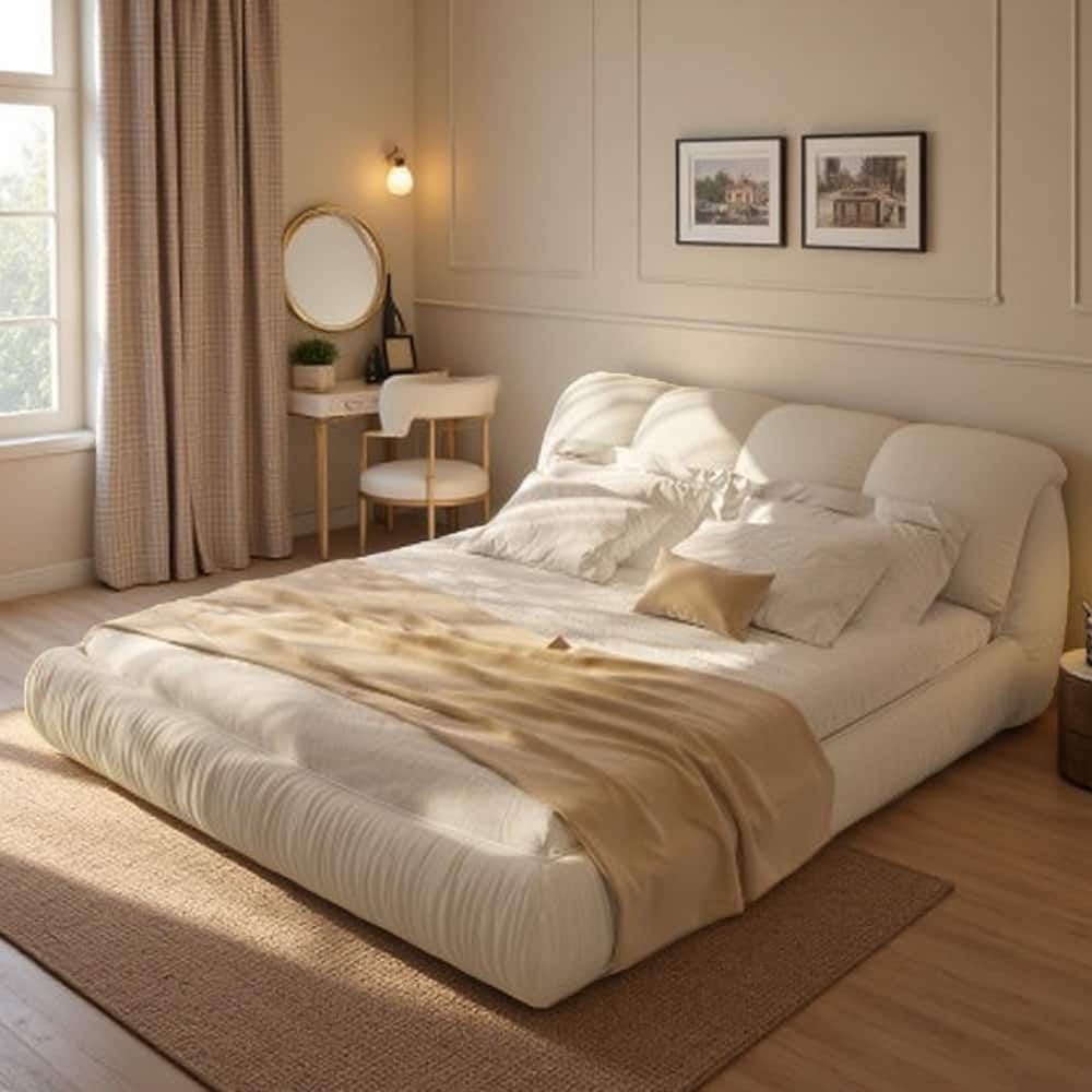 King Size Upholstered Bed Frame with Extra-Wide Cushioned Headboard, Solid Pine Slats & Adjustable Mattress Height