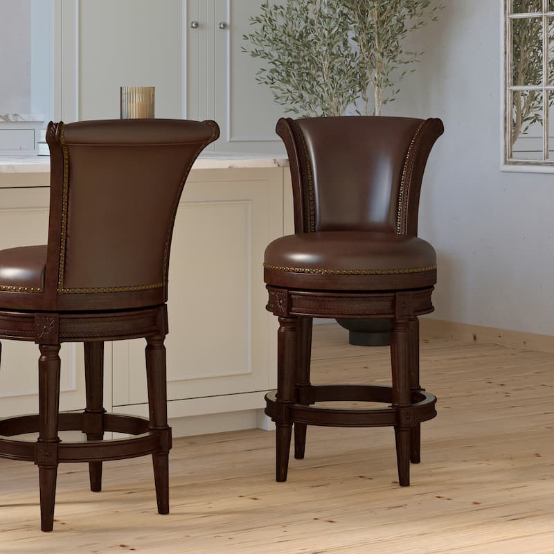 Copper Grove Rijssen Counter-Height Wood Swivel Stool, Faux Leather Seat - Distressed Walnut - Counter Height