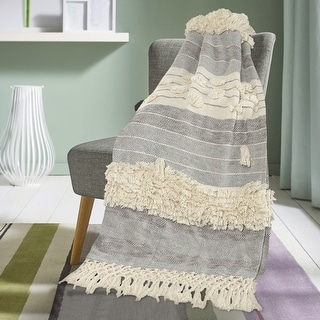 Fringed Terracotta Sunrise Throw Blanket with Golden Accents Grey Striped Modern Contemporary Cotton Reversible