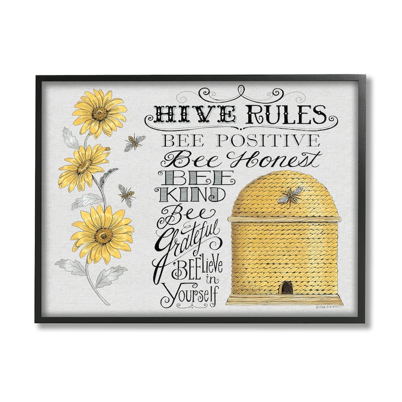 Stupell Hive Rules Motivational Phrases Bee Puns Vintage Beehive Framed Wall Art - Yellow - 30 x 24 - Black