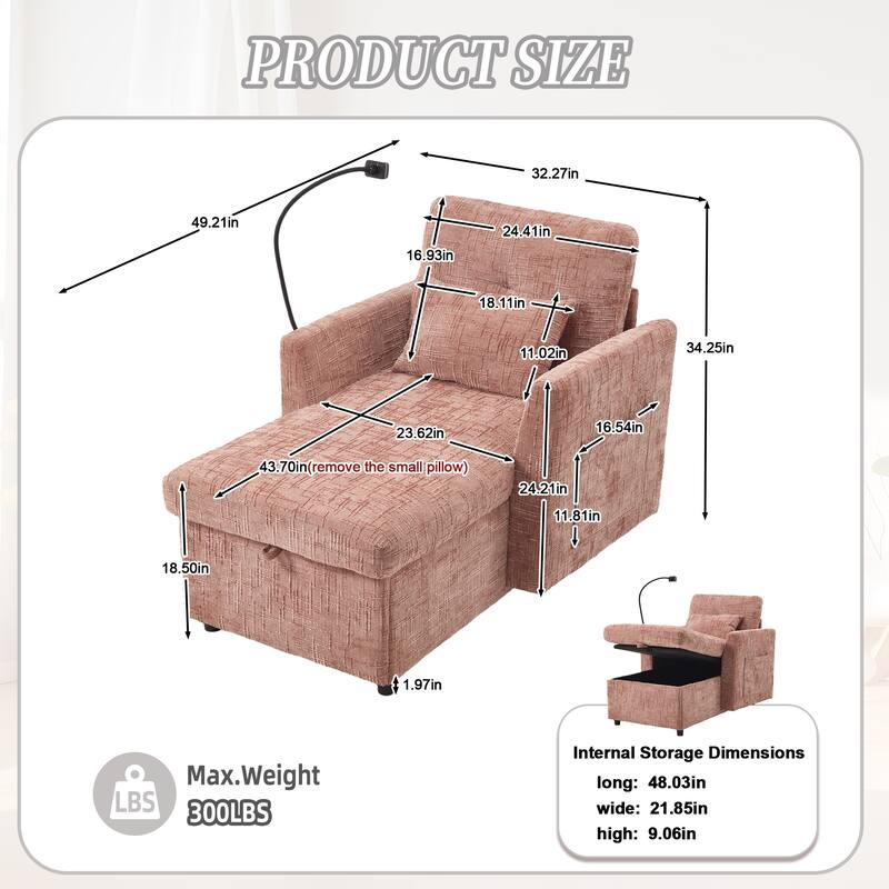 HOMEFUN Chenille Upholstered Storage Lazy Single Leisure Chair Sofa with Phone Holder