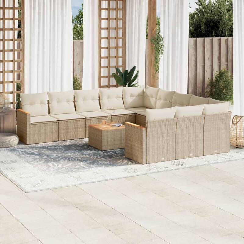 vidaXL Patio Sofa Set with Cushions Outdoor Conversation Furniture Poly Rattan - 24.4 x 24.4 x 27.2 in - Beige with table