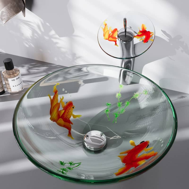 Countertop Sink 16.5" Round Koi Fish Style Tempered Glass Sink with Waterfall Faucet and Chrome Drain Renovators Supply