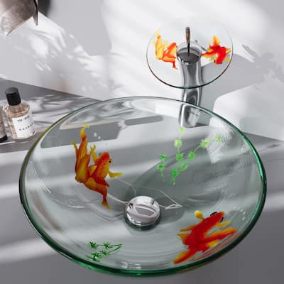 Countertop Sink 16.5" Round Koi Fish Style Tempered Glass Sink with Waterfall Faucet and Chrome Drain Renovators Supply