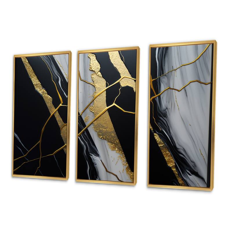 Designart "Abstract Geode Black II" Abstract Marble Framed Canvas Art Print - 3 Panels