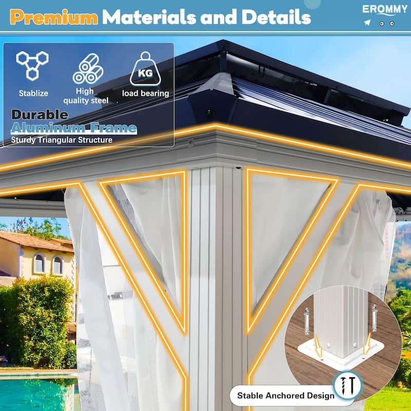 Outdoor Hardtop Gazebo w Galvanized Steel Double Roof & Aluminum Frame, 10'x12' Pergola with Premium Curtains and Nettings