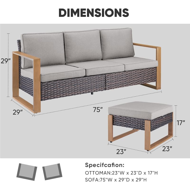 Patio Couch Sofa with Ottoman Set - Brown