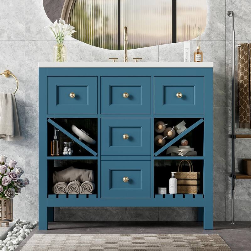 Modern 36" Bathroom Vanity with Resin Sink, 5 Drawers, Soft-Close Doors, Solid Wood Frame for Bathroom Storage