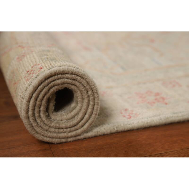Hand Knotted Oriental 100% Wool Carpet Transitional Geometric Beige & Ivories Oushak Runner Rug - 10' 2'' X 3' 5''