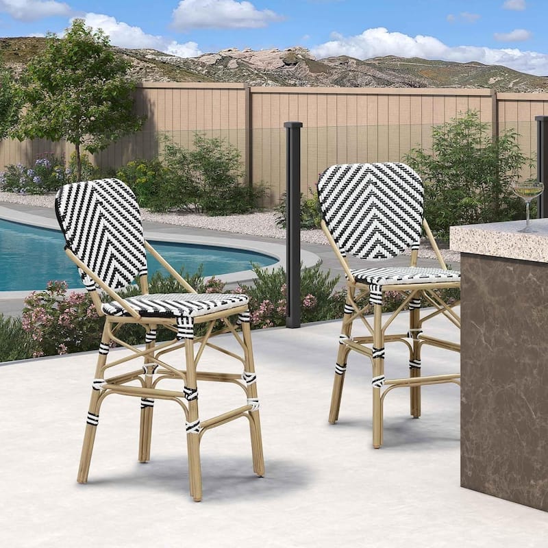 PURPLE LEAF 2 Set of Outdoor Barstools,Bamboo Bistro Dining Chair,Cushion Included