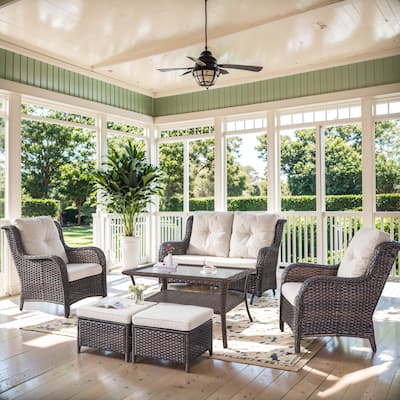Outdoor Glider Sofa with Patio Chair and Ottoman - Beige cushion - Brown