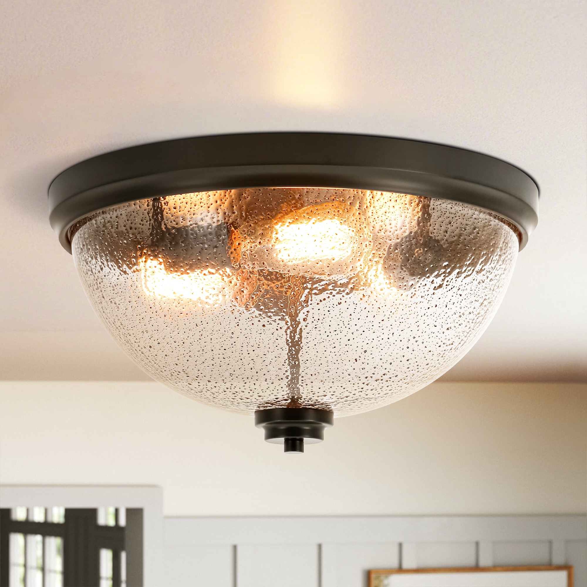 Farmhouse Matte Black 3-Light Flush Mount Ceiling Light with Semi-Circle Clear Seeded Glass Shade for Kitchen & Foyer