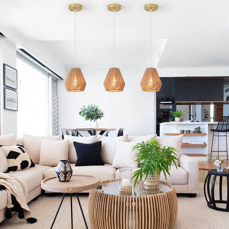 (Set of 3)1-Light Paper Rope Shaded Pendant Lights for Kitchen ，Set of Lghting Fixtures, Farmhouse Semi Flush Mount Chandelier