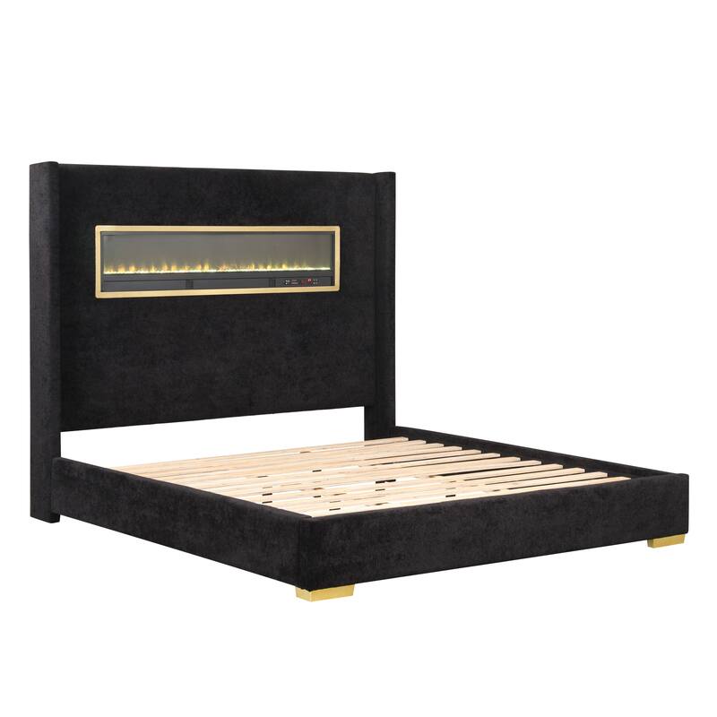 Furniture of America Stephanie Modern Boucle Bed with 3D Fireplace Simulator and Bluetooth Audio