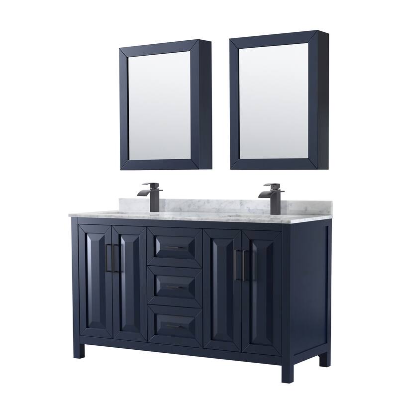 Wyndham Collection Daria 60" Free Standing Double Vanity Set with MDF - Dark Blue / White Carrara Marble Top / Matte Black - Painted