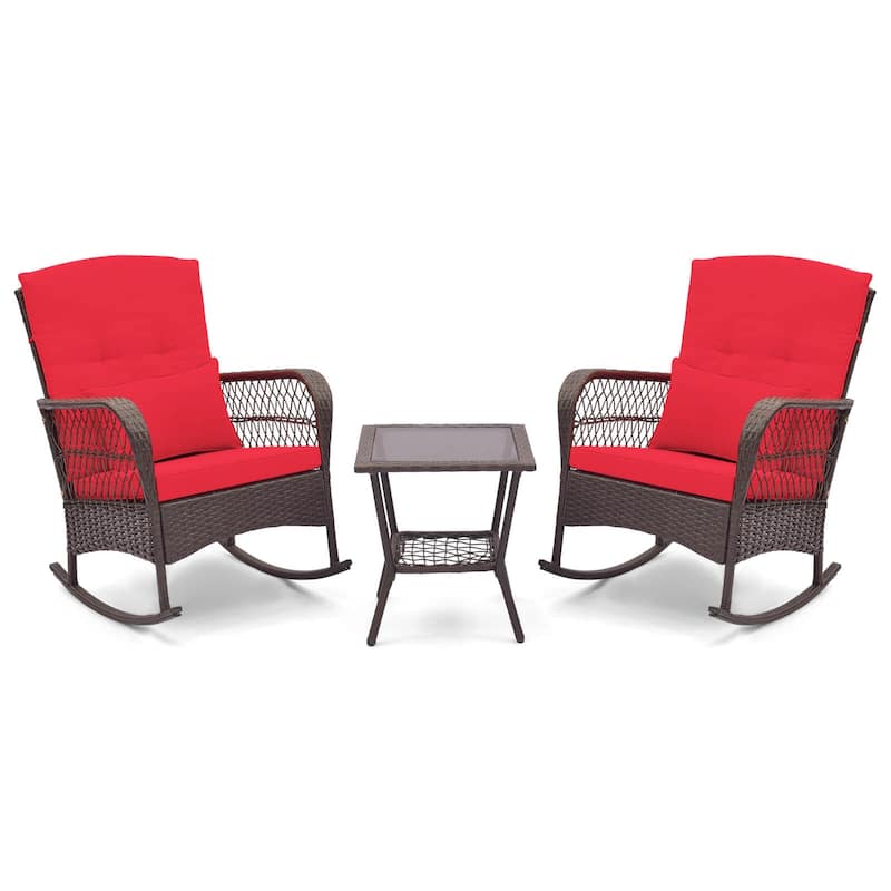 3 PCS Patio Rocker Set Wicker Chairs w/ Double-Layer Coffee Table - Red