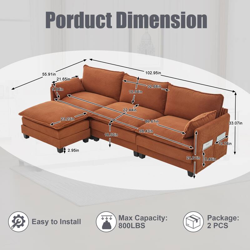 Oversized Modular Sectional Sofa with Ottoman, 102 Inch 4 Seat Corduroy L Shaped Couch for Living Room